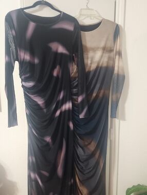 2 Long-Sleeve Ruched Tie-Dye Maxi Dress in Black & Purple, Grey & Tan